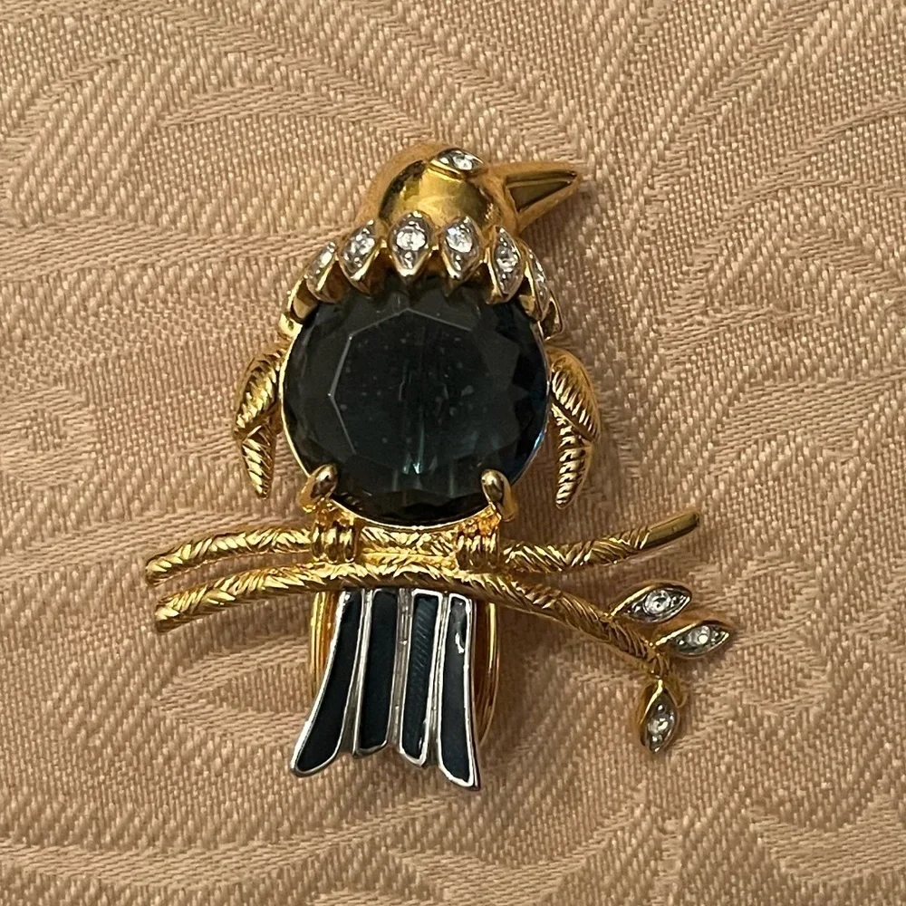 Kenneth Jay Lane (KJL) Elegant Crystal Blue Bird Brooch with Gold Tone Setting